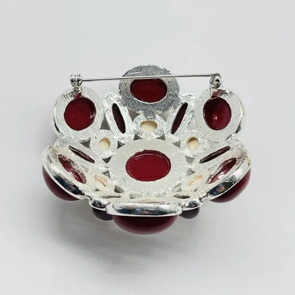 Vintage Red Cabochon Statement Brooch Gold Tone - Picture 6 of 8